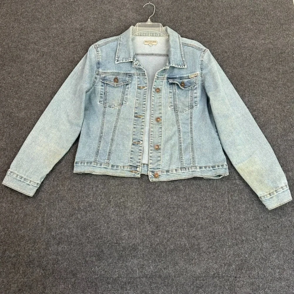 Max Studio Women's Jean Jacket Blue Distressed Stretch Y2K Grunge Streetwear - L - Picture 1 of 16